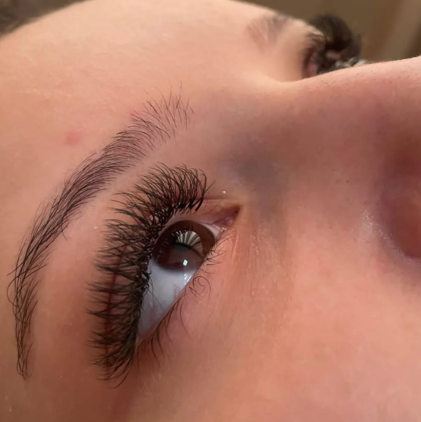 Close-up of a client's finished lash extension set